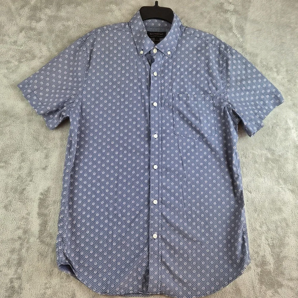 Banana Republic Shirt Mens Large Blue White Geometric Stretch Soft Wash Slim Fit